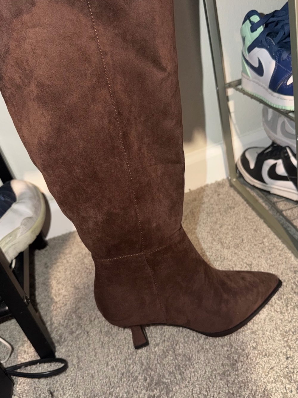 Women's Brown Suede Pointed-Toe Mid-Heel Knee Boots